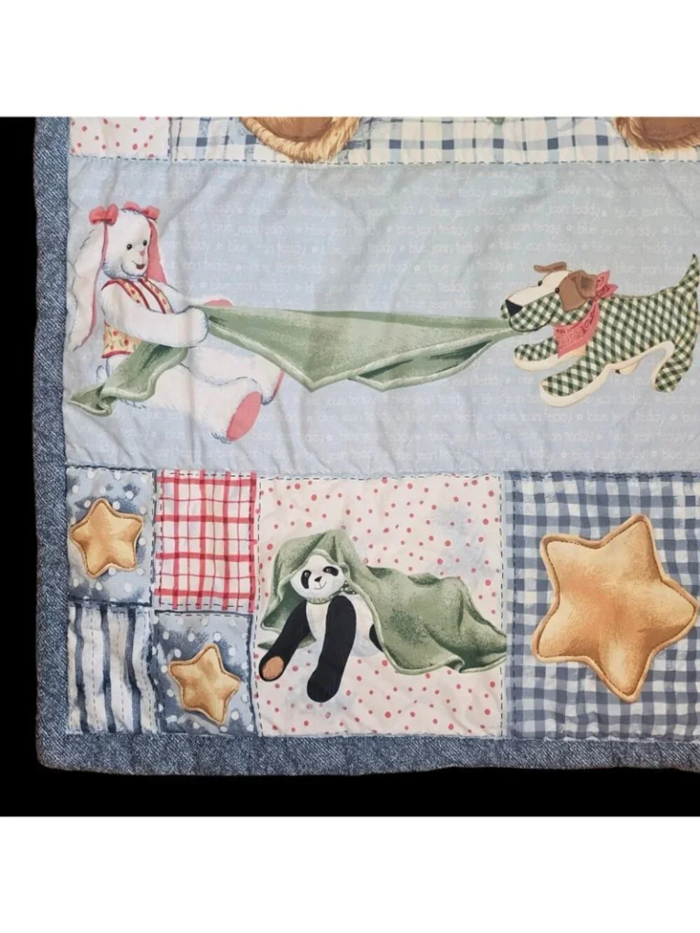 VTG Blue Jean Teddy Bear Blanket Quilt Springs Industries